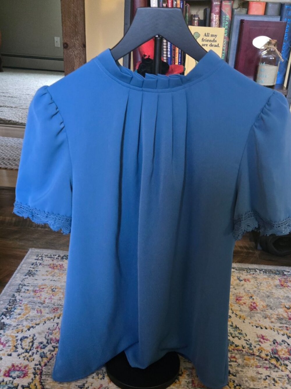 BTFBM Pleated Blouse – Women’s Medium, Blue, Lace Sleeve Detail